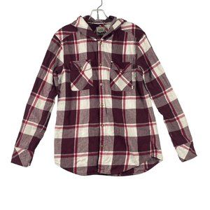 Aritzia TNA Hooded‎ Shirt Boyfriend Fit Flannel Plaid Button Up Red White